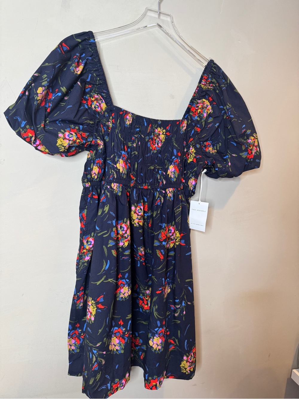 NWT Free Assembly Navy Floral Smocked Puff Sleeve Mini Dress XXL (20) 100% Cotto - Picture 4 of 10